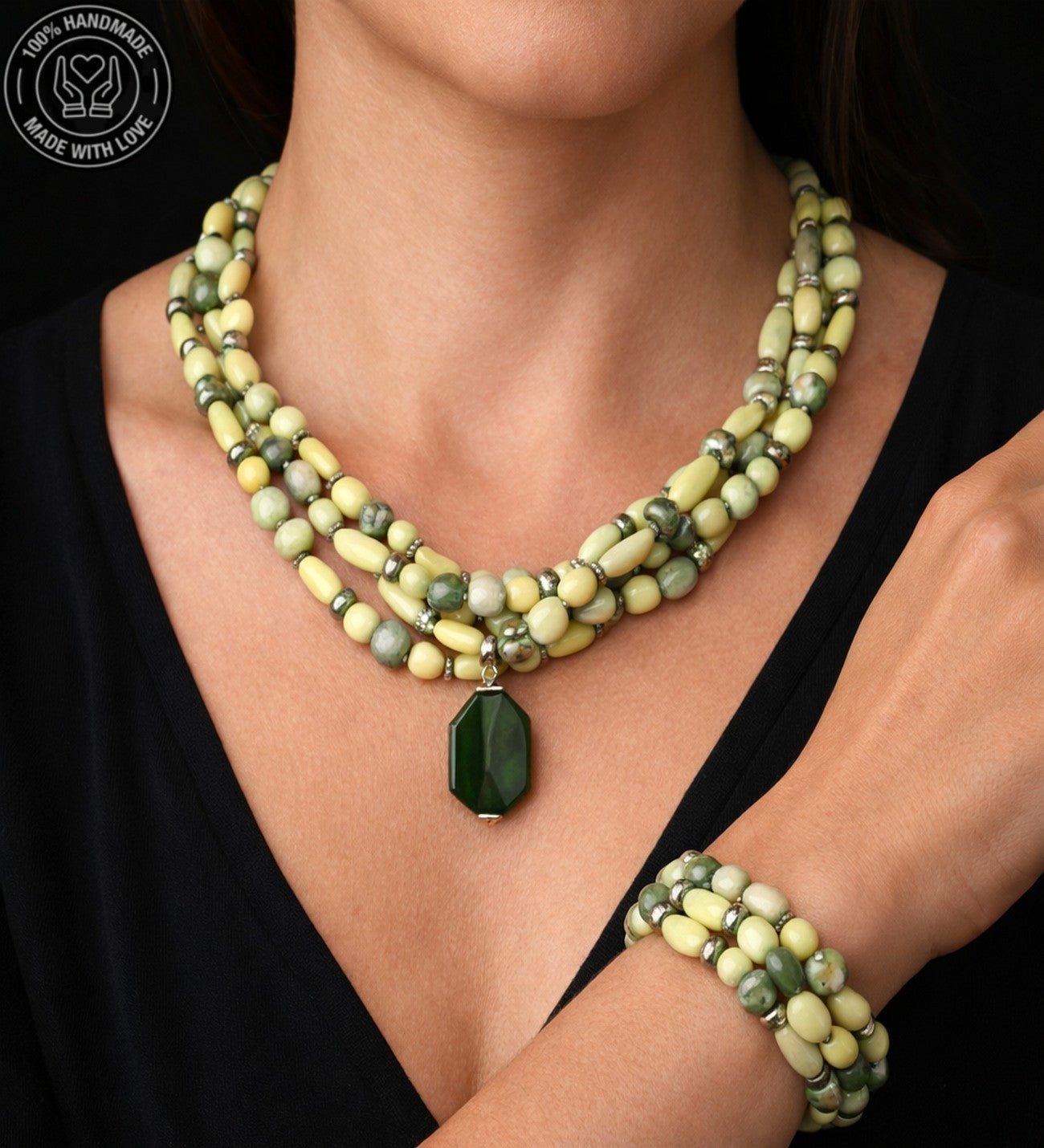 Peridot Ahşap Bolluk Ve Enerji Kolye Bileklik Seti