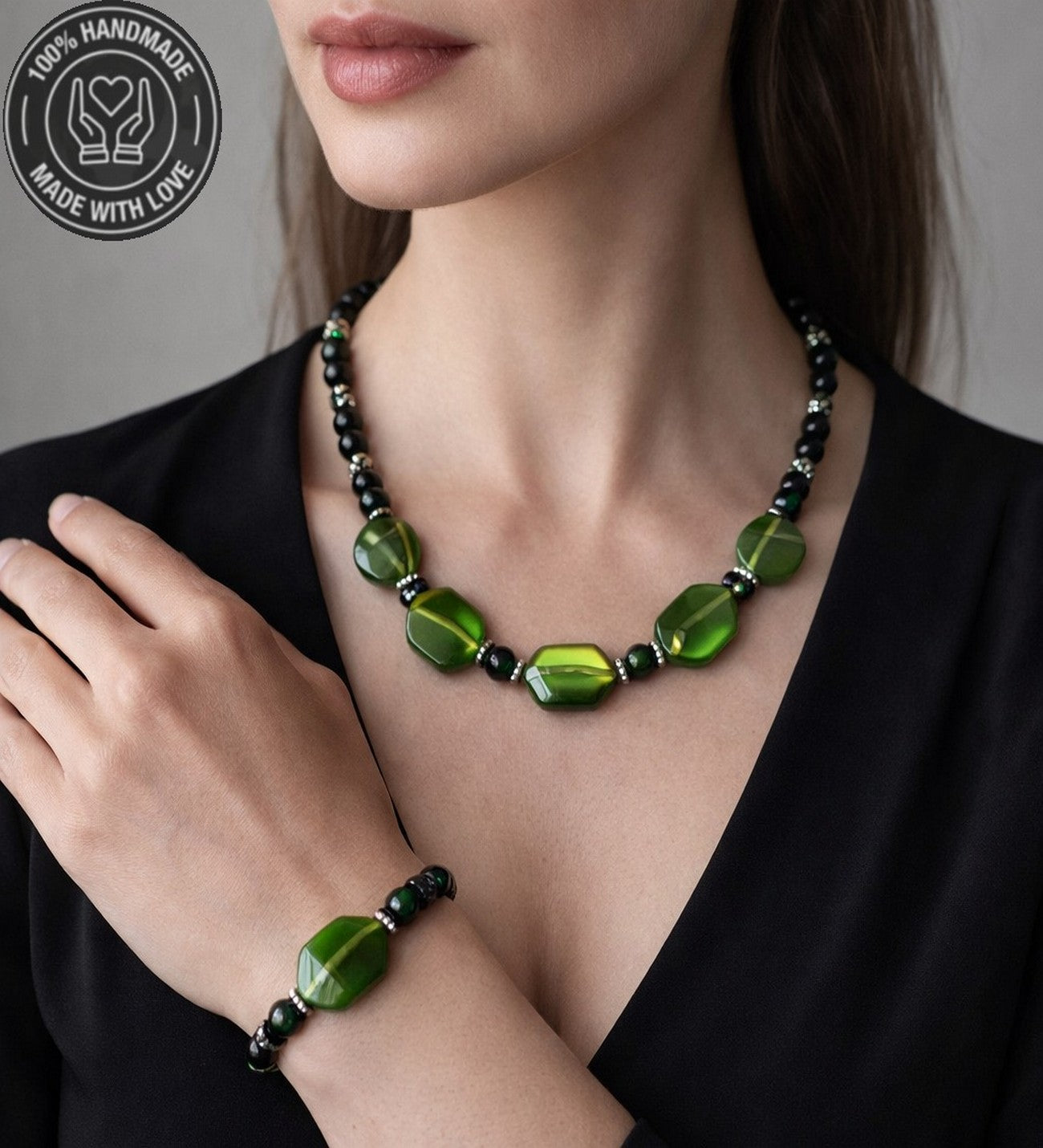 Sedef Oniks Yeşil Kaplan Gözü Güç, Odaklanma Ve Nazardan Korunma Kolye Bileklik Seti