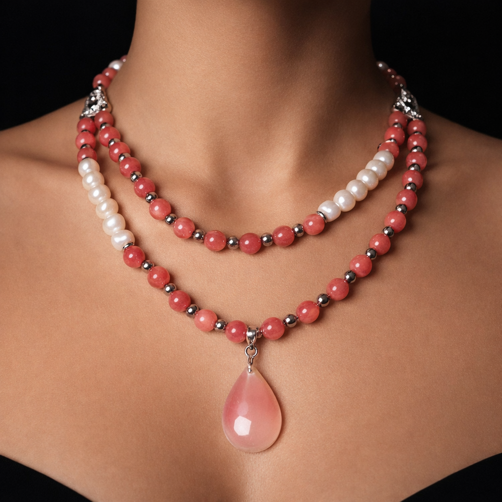 İnci Pembe Kuvars Iki Sıralı Özgüven Huzur Ve Zarafet Kolyesi