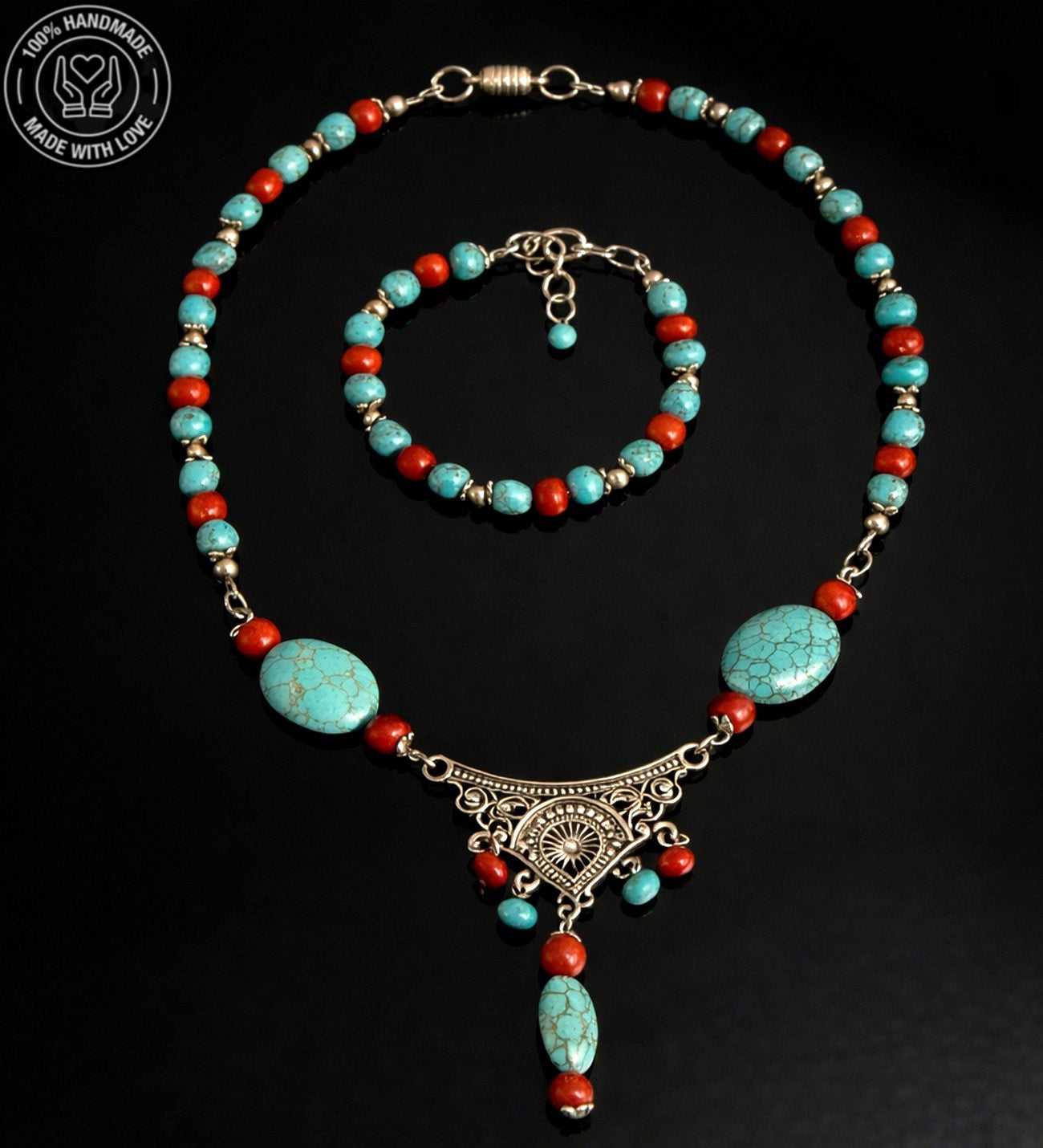 Turkuaz Mercan Otantik Iletişim, Bilgelik Ve Nazardan Koruma Kolye Bileklik Seti