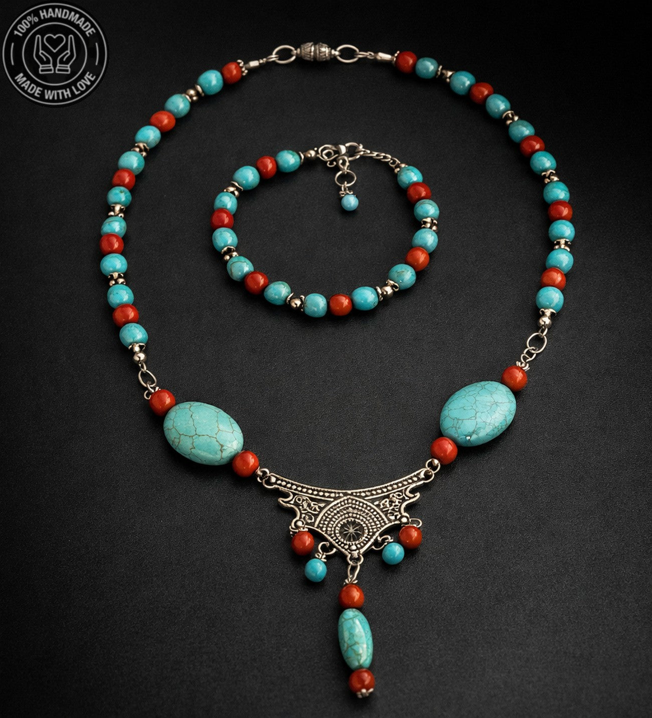 Turkuaz Mercan Otantik Iletişim, Bilgelik Ve Nazardan Koruma Kolye Bileklik Seti