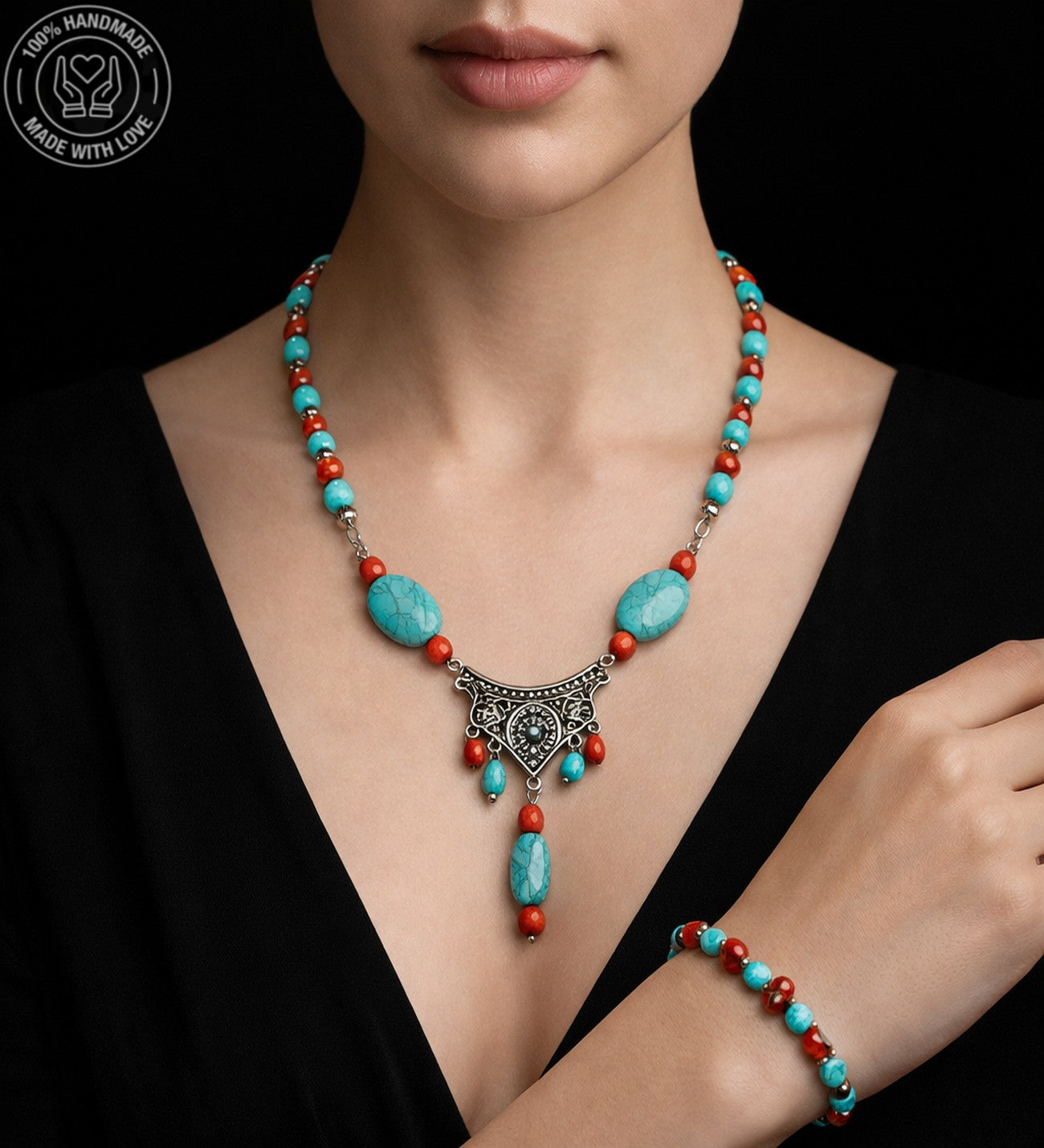 Turkuaz Mercan Otantik Iletişim, Bilgelik Ve Nazardan Koruma Kolye Bileklik Seti