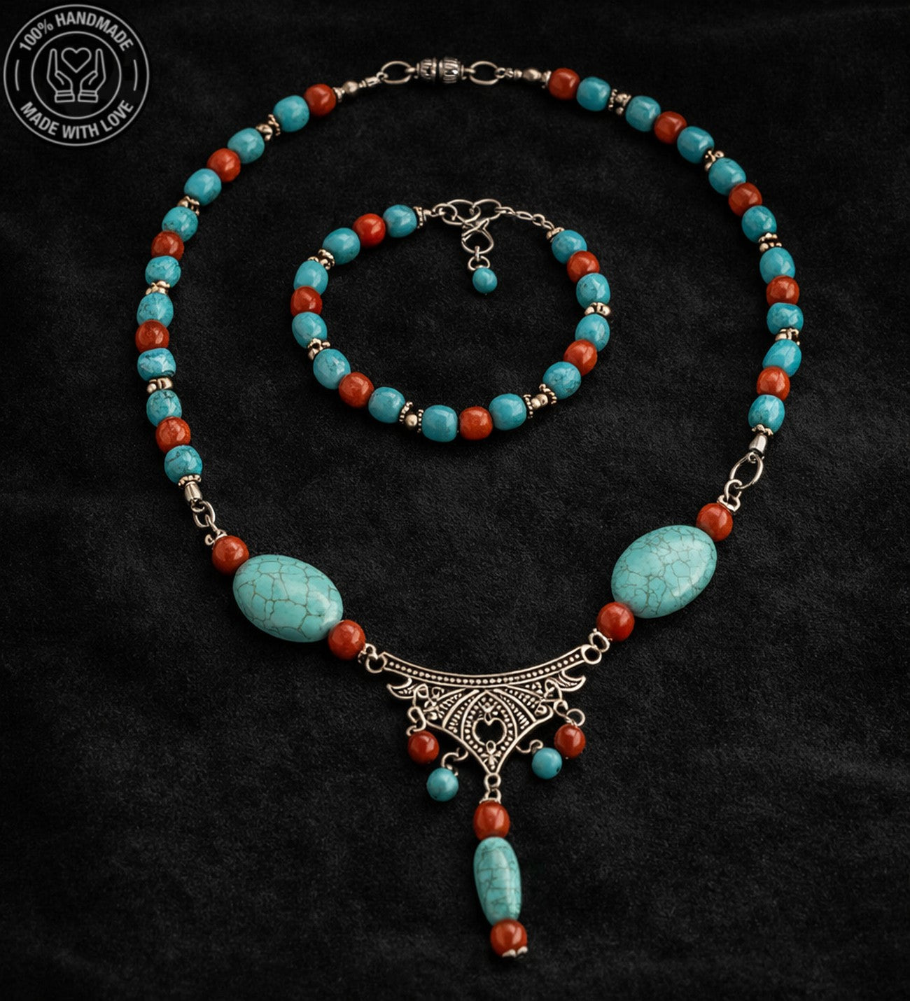 Turkuaz Mercan Otantik Iletişim, Bilgelik Ve Nazardan Koruma Kolye Bileklik Seti