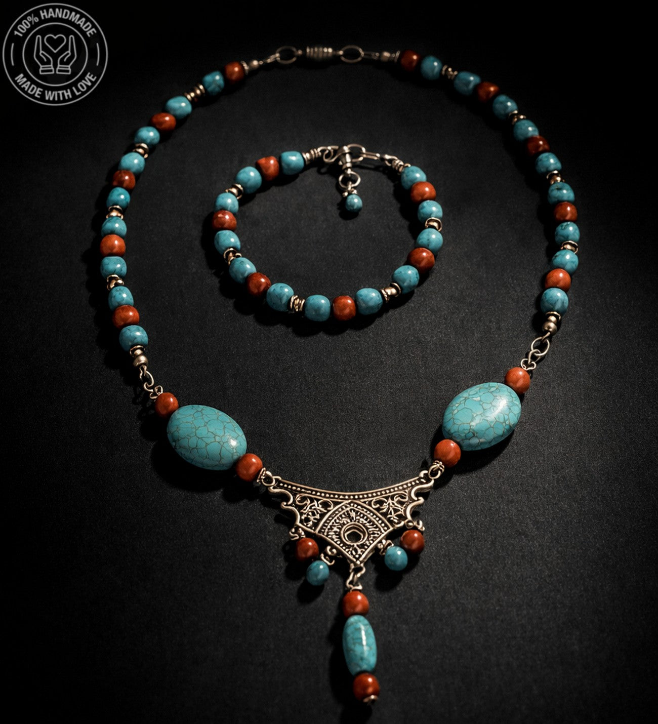 Turkuaz Mercan Otantik Iletişim, Bilgelik Ve Nazardan Koruma Kolye Bileklik Seti