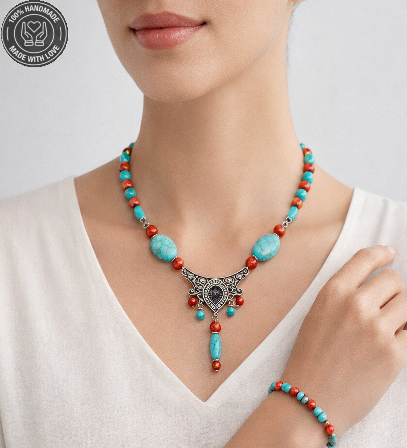 Turkuaz Mercan Otantik Iletişim, Bilgelik Ve Nazardan Koruma Kolye Bileklik Seti