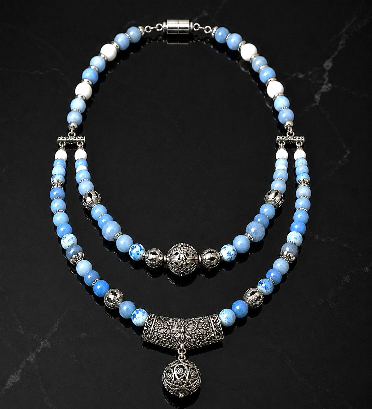 Agate 2-Strand Natural Stone Necklace – Jade, Evil Eye Protection and Balance