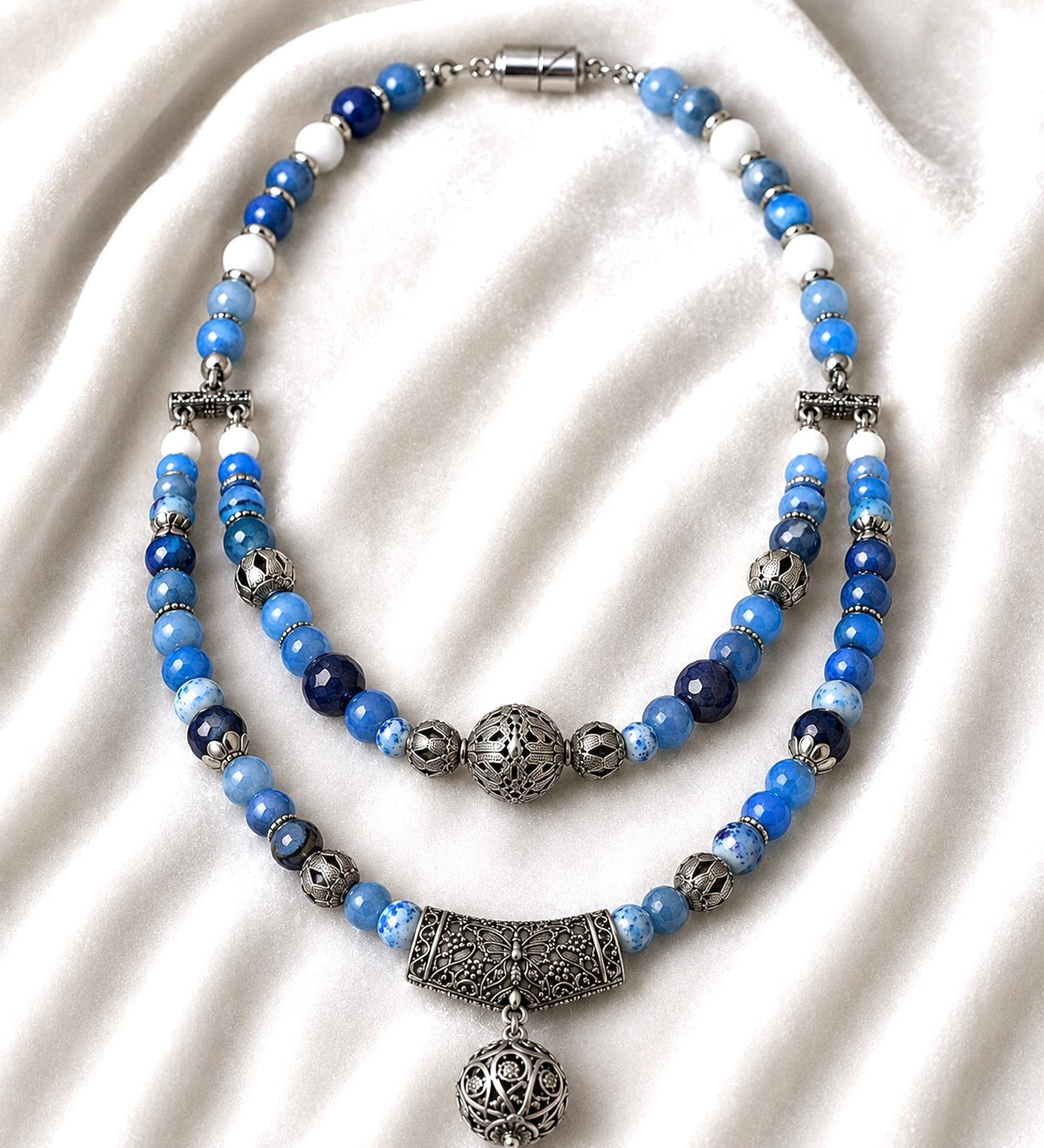 Agate 2-Strand Natural Stone Necklace – Jade, Evil Eye Protection and Balance