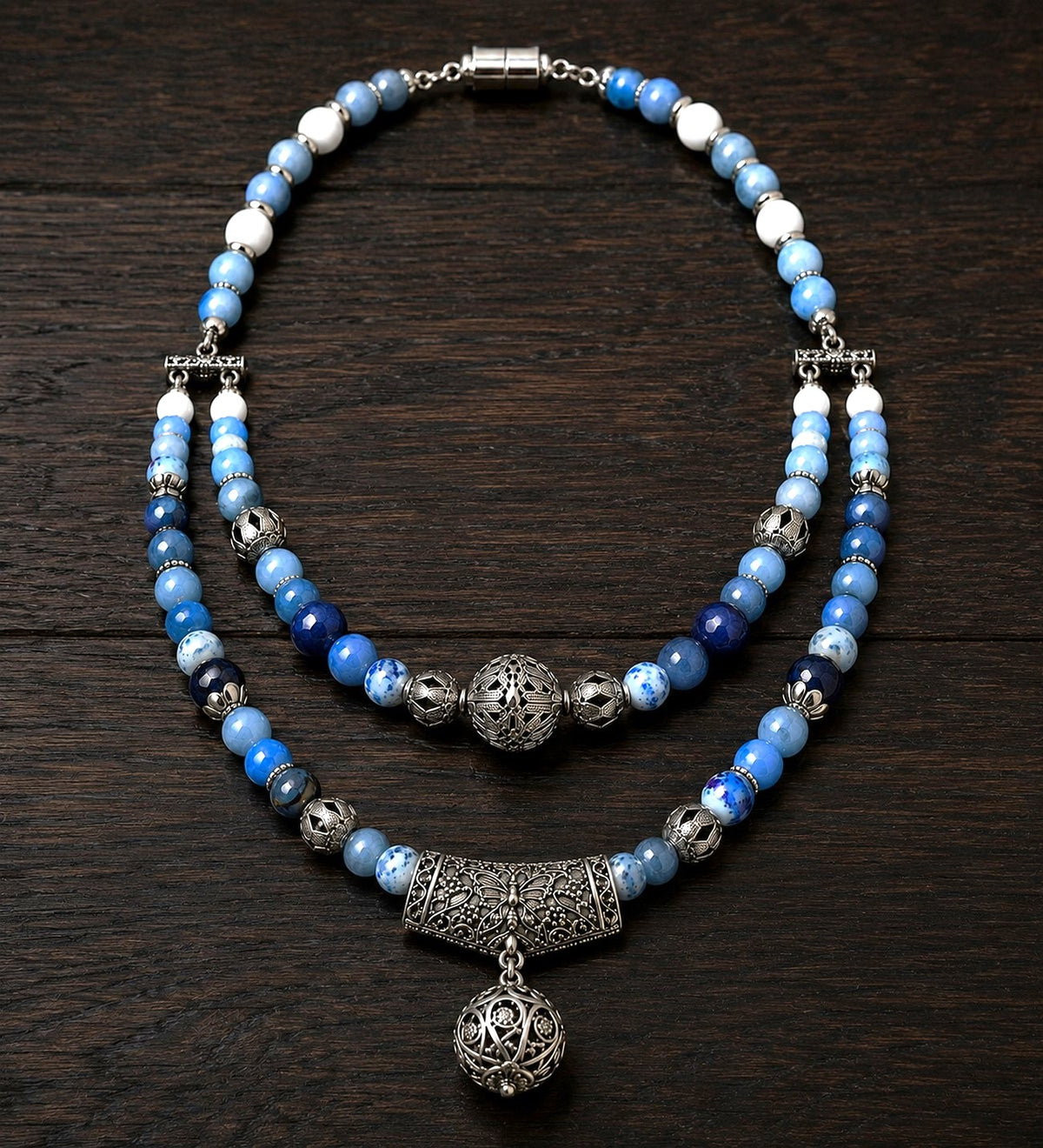 Agate 2-Strand Natural Stone Necklace – Jade, Evil Eye Protection and Balance