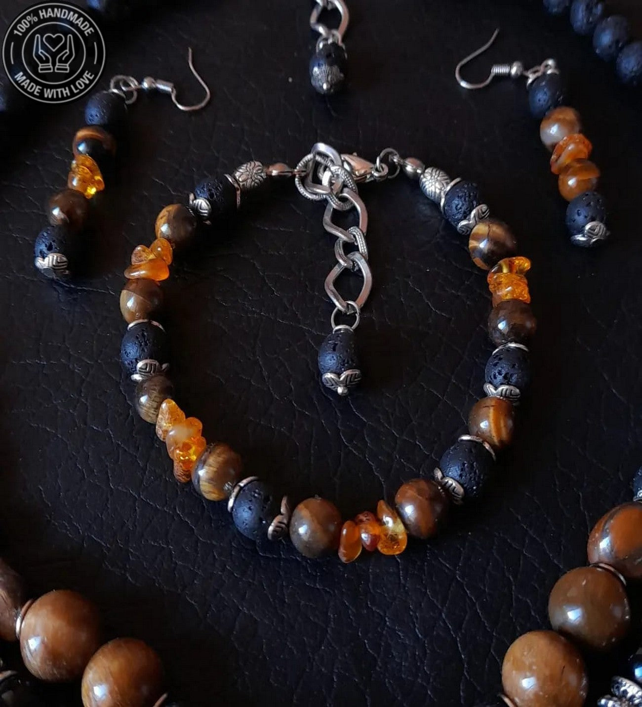 Lav Taşı Kaplan Gözü Kehribar Güç, Cesaret Ve Huzur Takı Seti