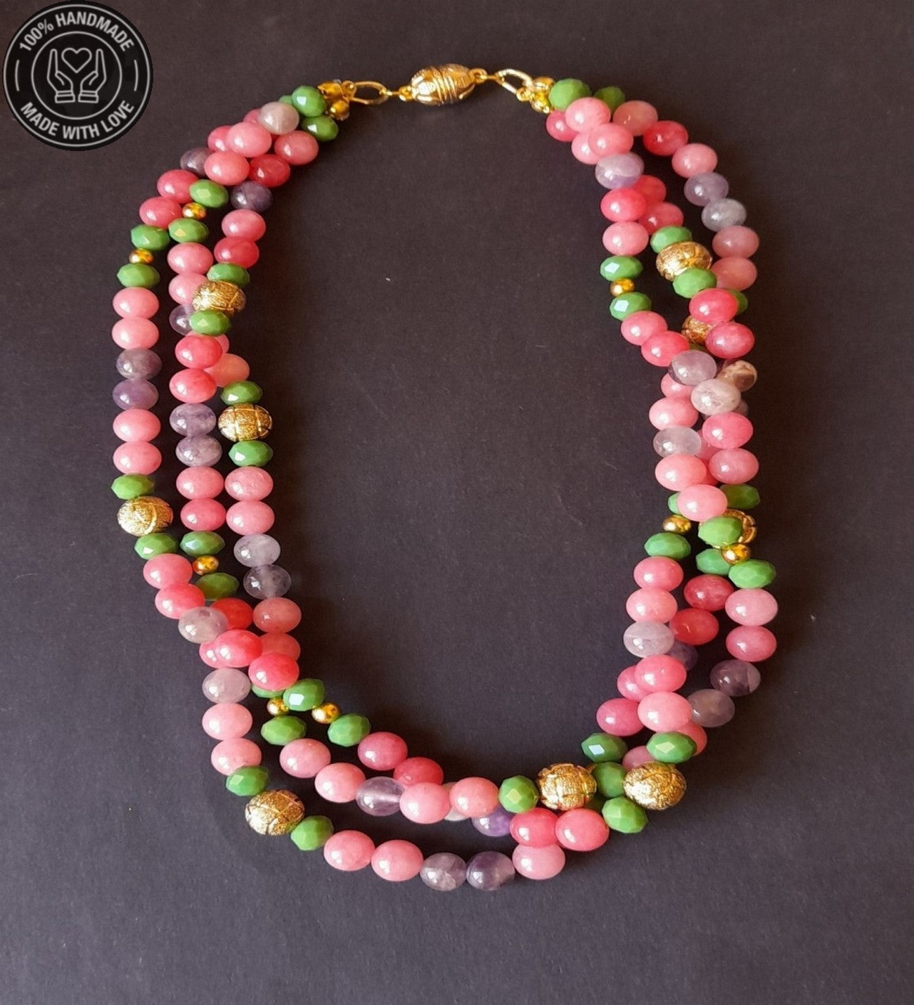 Ametist Pembe Akik Yeşil Kristal 3 Sıralı Sezgisel Güç Nazar Koruması Ve Pozitif Enerji Kolyesi