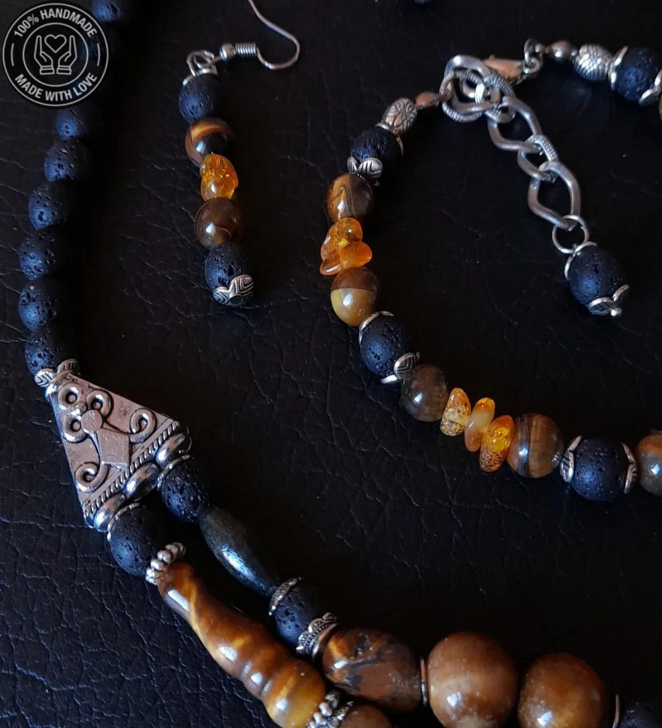 Lav Taşı Kaplan Gözü Kehribar Güç, Cesaret Ve Huzur Takı Seti