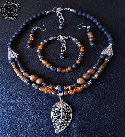 Lav Taşı Kaplan Gözü Kehribar Güç, Cesaret Ve Huzur Takı Seti