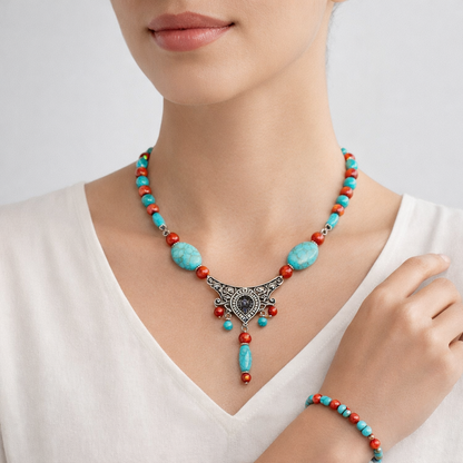 Turquoise Coral Authentic Communication, Wisdom, and Evil Eye Protection Necklace and Bracelet Set