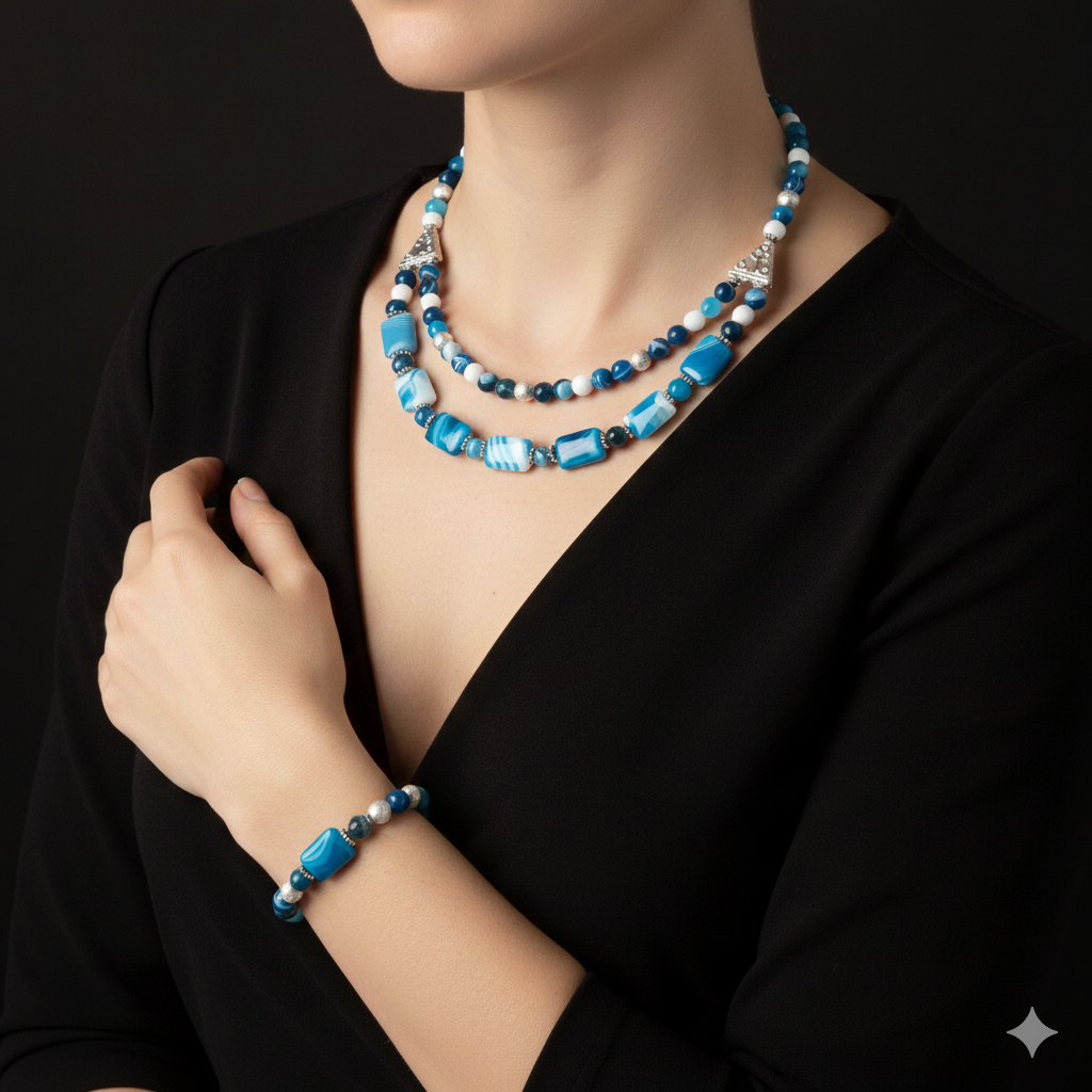 Premium Serisi Mavi Beyaz Akik 2 Sıralı Nazar Koruması Ve Zihinsel Berraklık Kolye Bileklik Seti