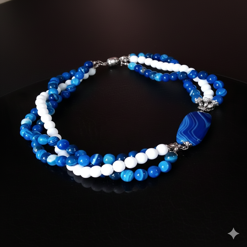 Premium Serisi Mavi Beyaz Akik Nazar Koruması Ve Zihinsel Berraklık Için Gerdanlık Kolye