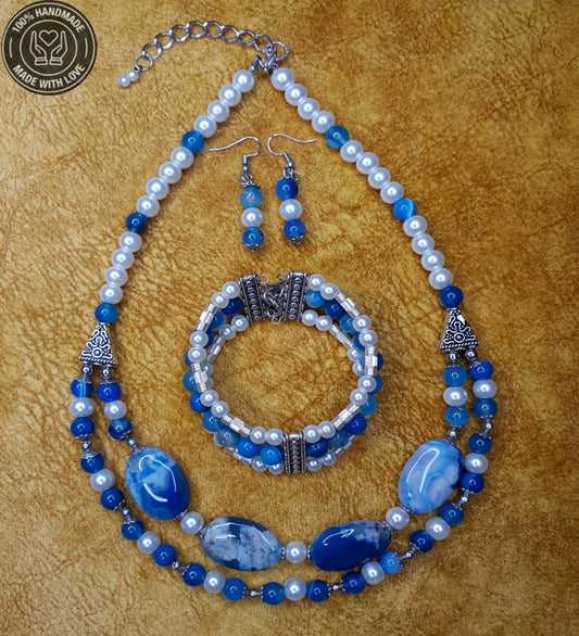 Mavi Akik İnci Rengi Kaplama Boncuklu Nazardan Korunma İç Huzuru Ve Sakinlik Takı Seti