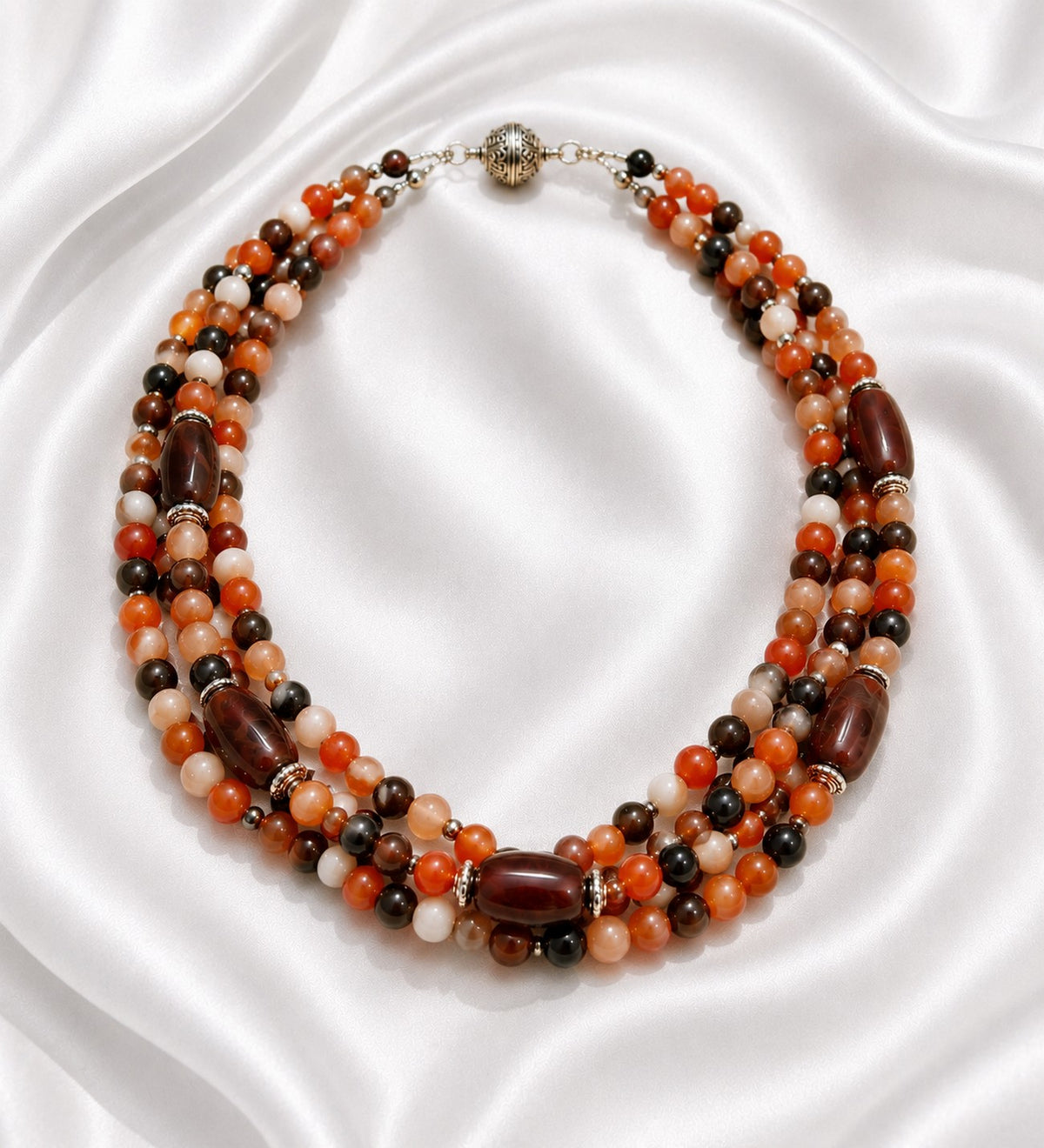 Premium Series Orange Brown Agate 3-Strand Evil Eye Protection Stress Relief Abundance Necklace
