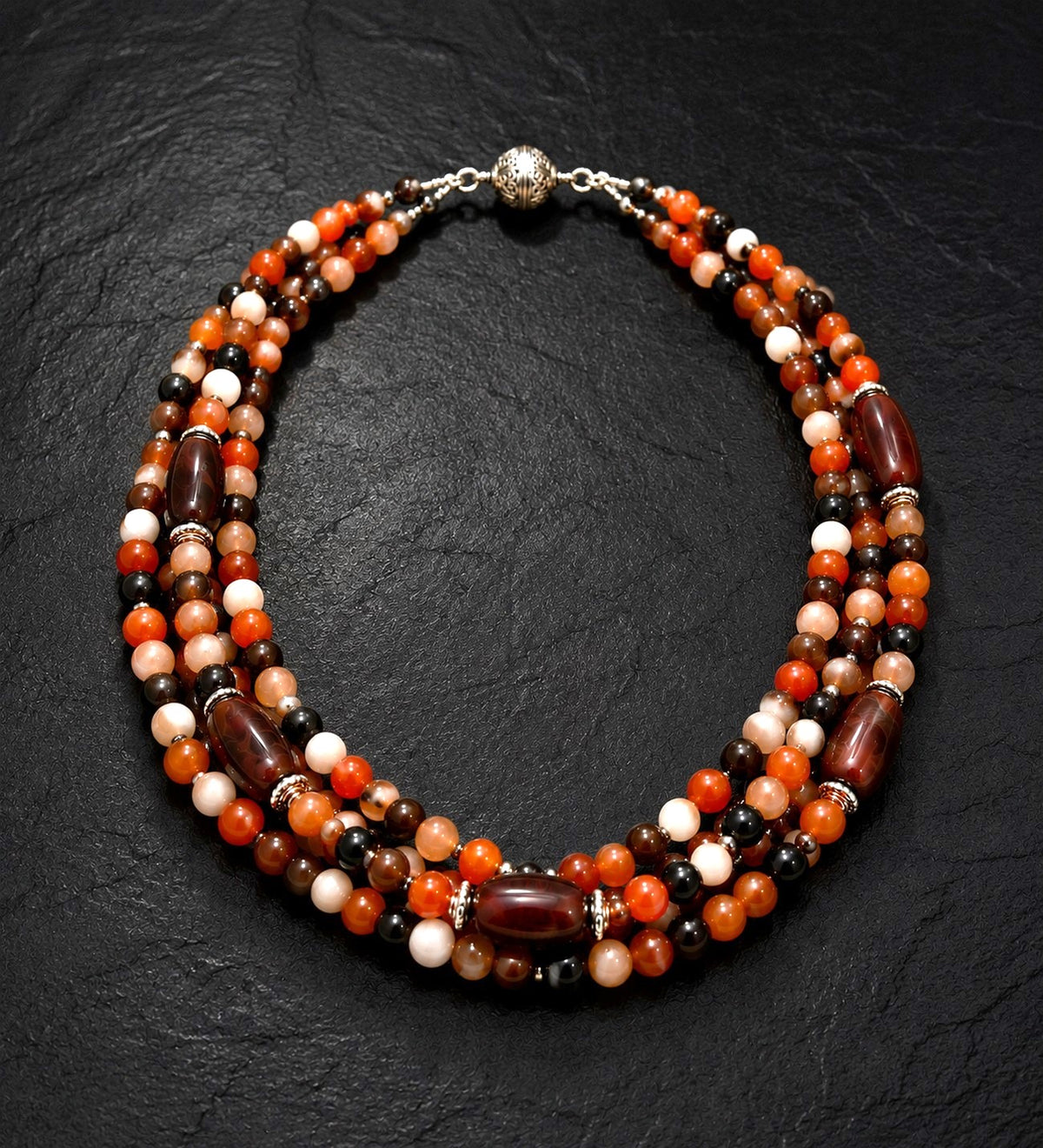 Premium Series Orange Brown Agate 3-Strand Evil Eye Protection Stress Relief Abundance Necklace