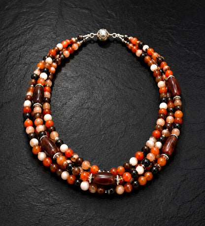 Premium Series Orange Brown Agate 3-Strand Evil Eye Protection Stress Relief Abundance Necklace