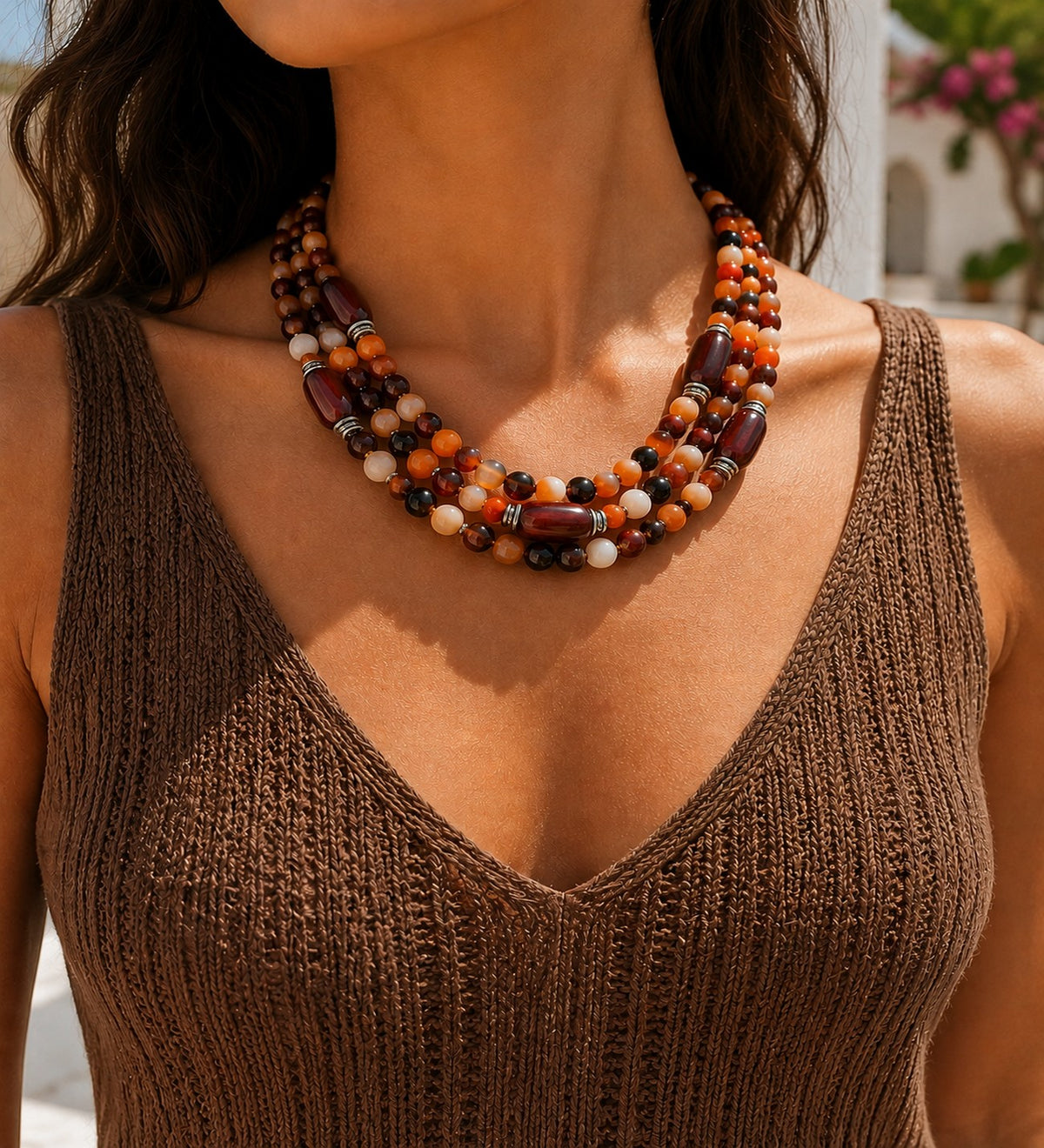 Premium Series Orange Brown Agate 3-Strand Evil Eye Protection Stress Relief Abundance Necklace