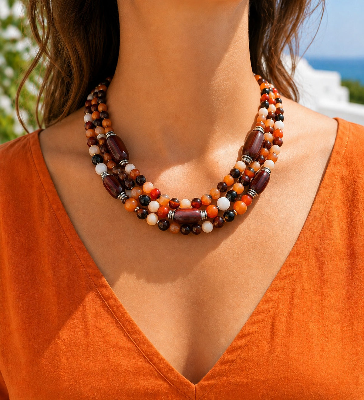 Premium Series Orange Brown Agate 3-Strand Evil Eye Protection Stress Relief Abundance Necklace