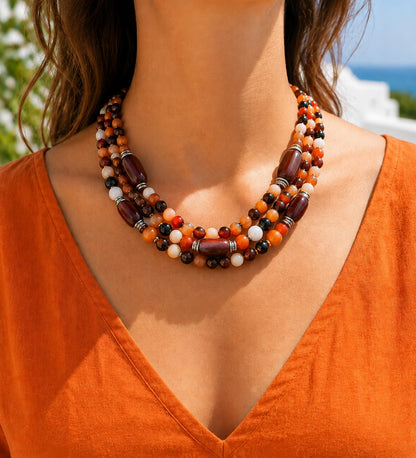 Premium Series Orange Brown Agate 3-Strand Evil Eye Protection Stress Relief Abundance Necklace