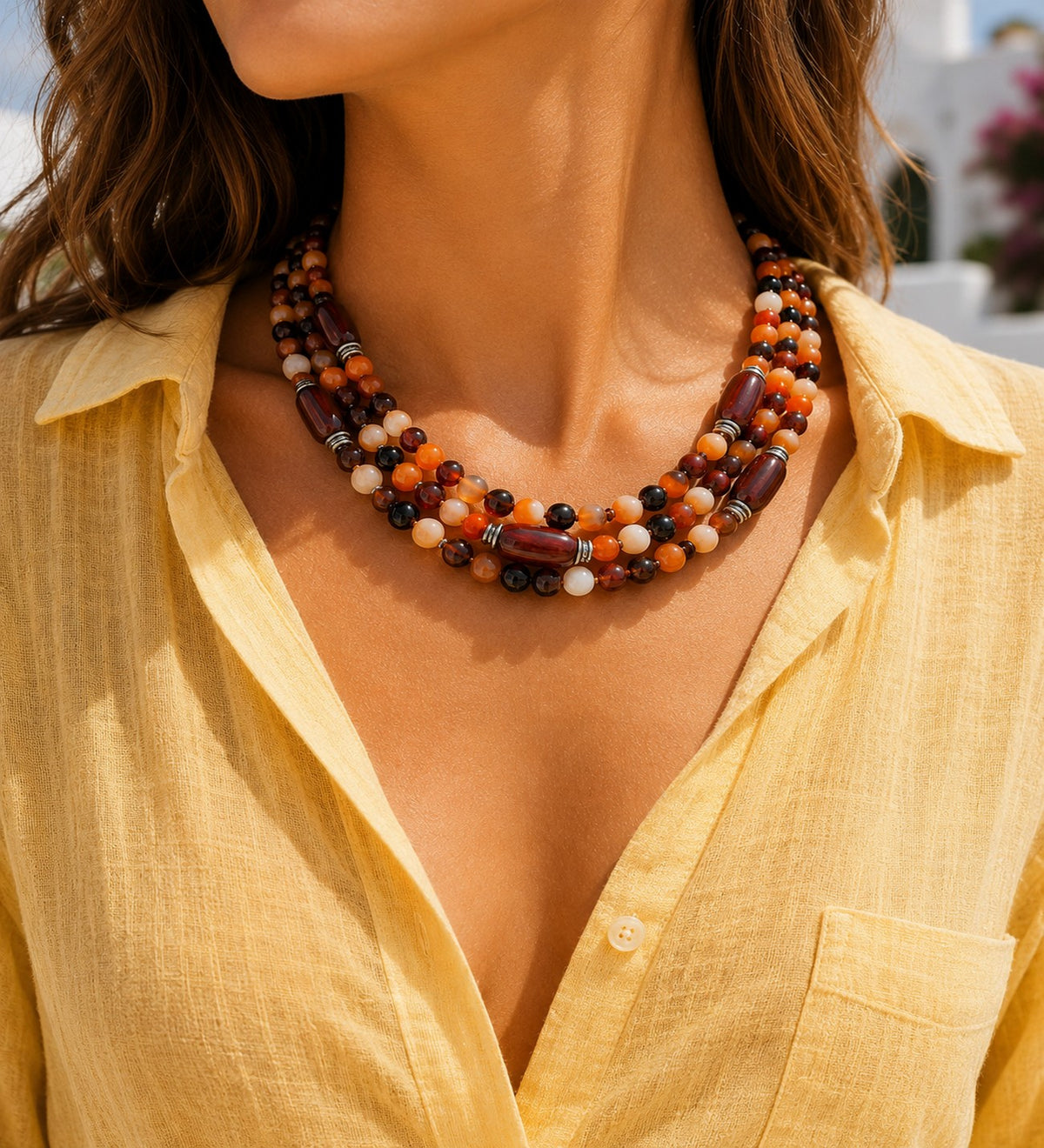 Premium Series Orange Brown Agate 3-Strand Evil Eye Protection Stress Relief Abundance Necklace