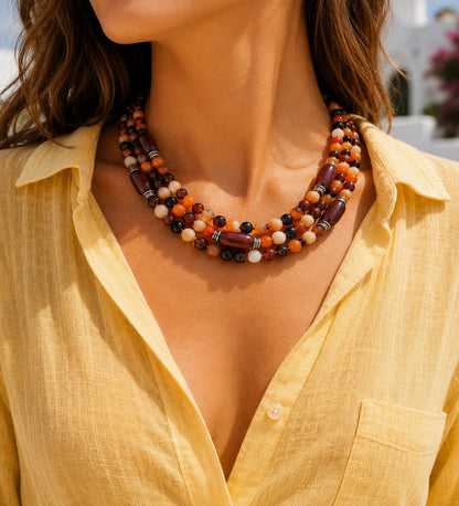 Premium Series Orange Brown Agate 3-Strand Evil Eye Protection Stress Relief Abundance Necklace