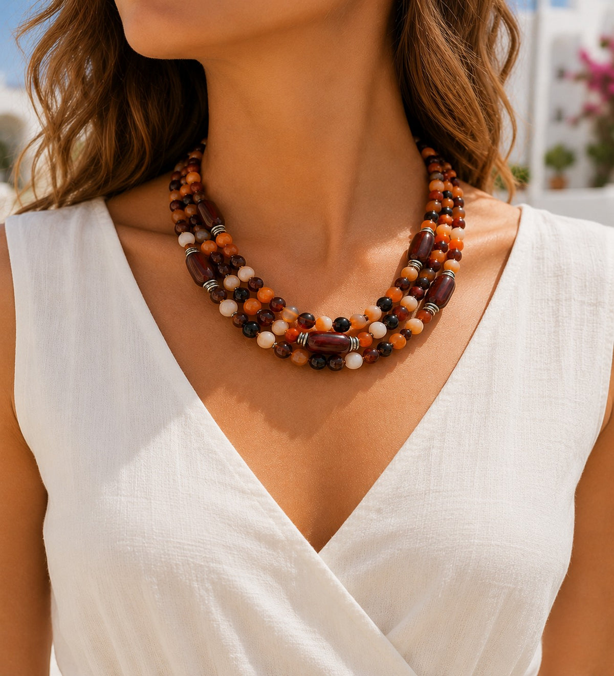 Premium Series Orange Brown Agate 3-Strand Evil Eye Protection Stress Relief Abundance Necklace