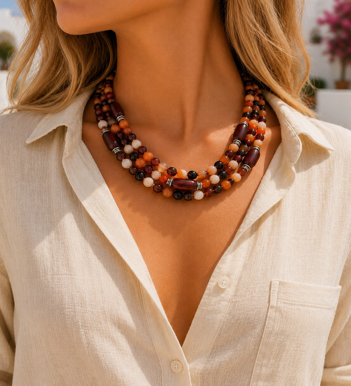 Premium Series Orange Brown Agate 3-Strand Evil Eye Protection Stress Relief Abundance Necklace