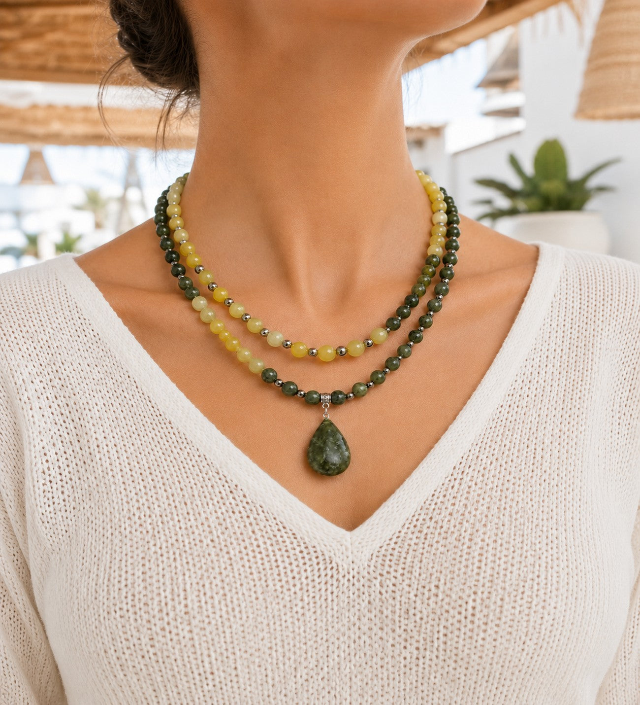 Peridot Yeşim Iki Sıralı Canlılık, Neşe Ve Pozitif Enerji Kolyesi