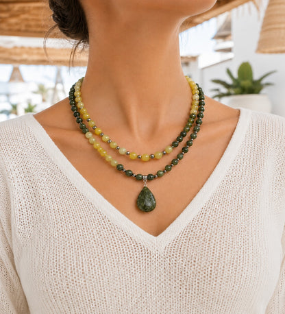 Peridot Yeşim Iki Sıralı Canlılık, Neşe Ve Pozitif Enerji Kolyesi