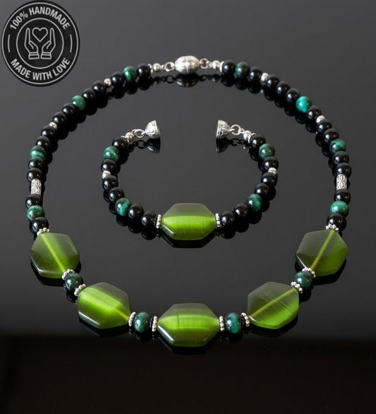 Sedef Oniks Yeşil Kaplan Gözü Güç, Odaklanma Ve Nazardan Korunma Kolye Bileklik Seti