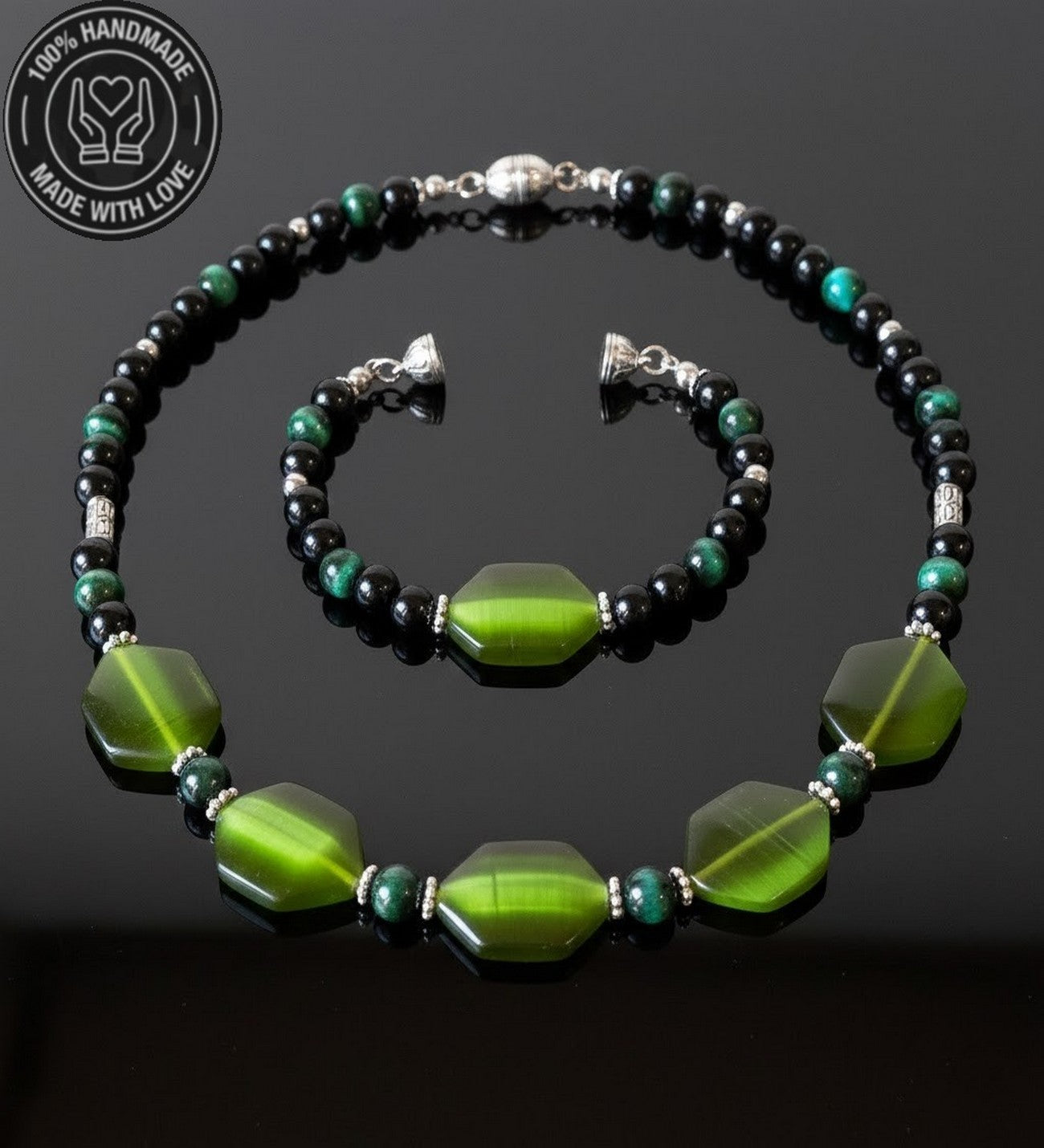 Sedef Oniks Yeşil Kaplan Gözü Güç, Odaklanma Ve Nazardan Korunma Kolye Bileklik Seti