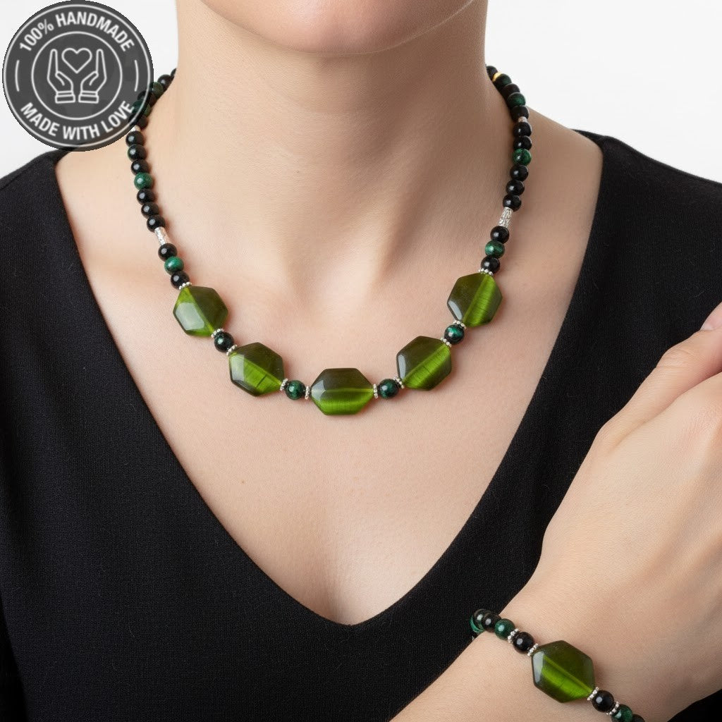 Sedef Oniks Yeşil Kaplan Gözü Güç, Odaklanma Ve Nazardan Korunma Kolye Bileklik Seti