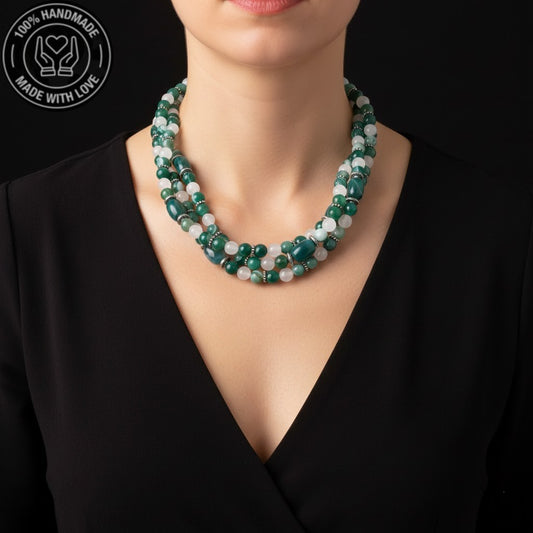 Premium Serisi Yeşil Akik Dumanlı Akik Üç Sıralı Nazar Koruması Zihinsel Berraklık Mantık Kolyesi